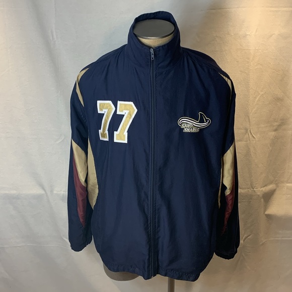1 of 1 Vintage Sand Sharks #77 Hockey Warmup Windbreaker Grape/Gold/Maroon Sz L - Picture 12 of 14